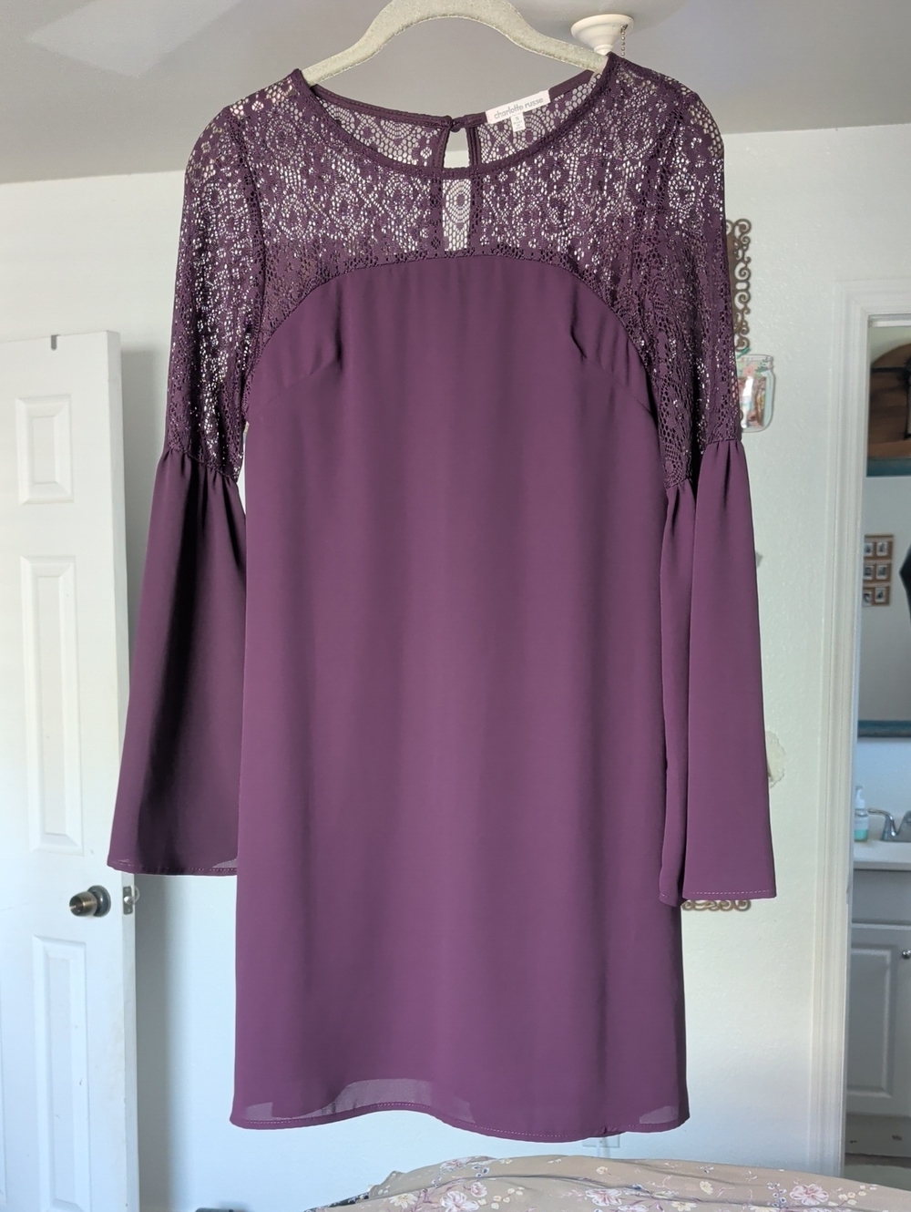 Charlotte Russe Plum Lace Yoke Long Sleeve Shift Dress